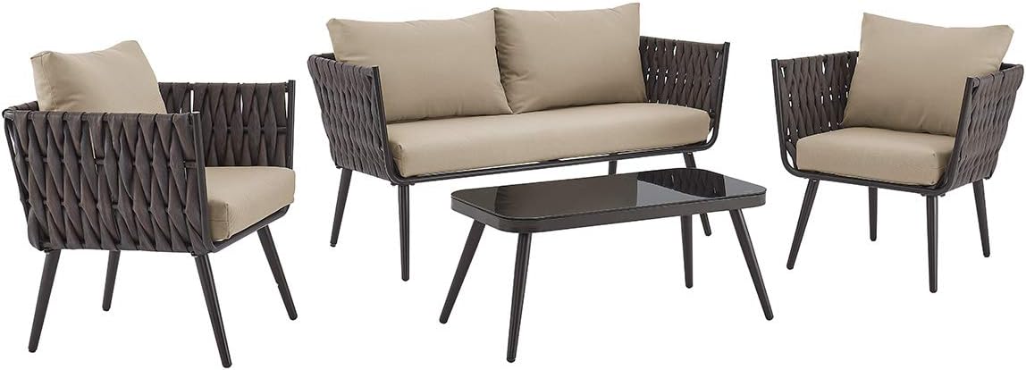 Barton 4 Piece Bistro Sofa Set w/Cushions Coffee Table Outdoor Patio Wicker Rattan Furniture Space Saving