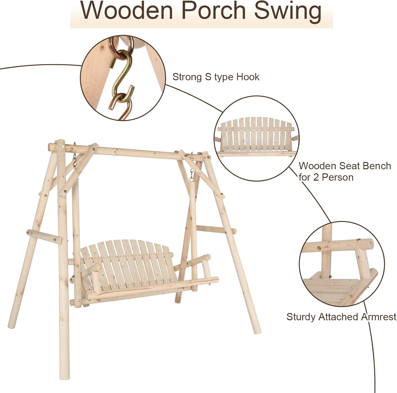 VINGLI Heavy Duty 880 LBS Wooden Patio Porch Swing with A-Frame Stand, Hanging Swing Bench Chair with Frame for Outside, Yard, Garden (Natural)