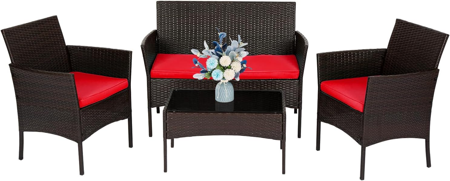 FDW | 4-Piece Patio Furniture Set | Black | Outdoor Wicker Furniture with Coffee Table | Modern Rattan Chairs Conversation Set | Outdoor Seating | Weather-Resistant | for Porch, Garden, Lawn