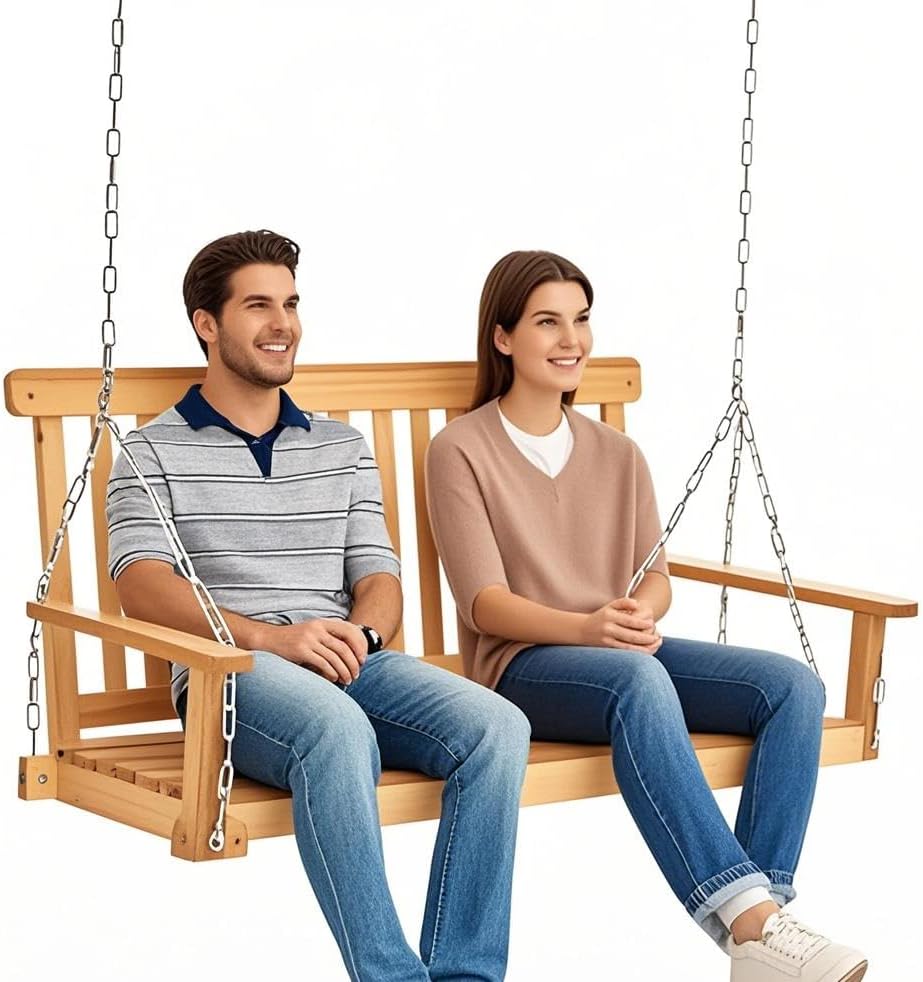 Outdoor Wooden Porch Swing 4FT, Patio Porch Bench Swing, Heavy Duty 440LBS Hanging Swing Chair Beach Outdoor Swings with Hanging Chain, Spring for Garden Deck Patio Outdoor Yard
