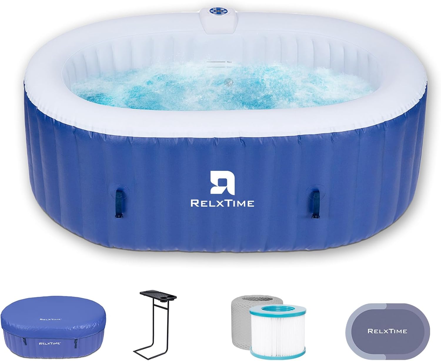 Inflatable 2 Person Hot Tub Outdoor, 100 Air Jets Portable Oval Spa with Built in Heater Pump, Blow Up Hottub for Relaxation, Table Tray, 2 Filters, Blue