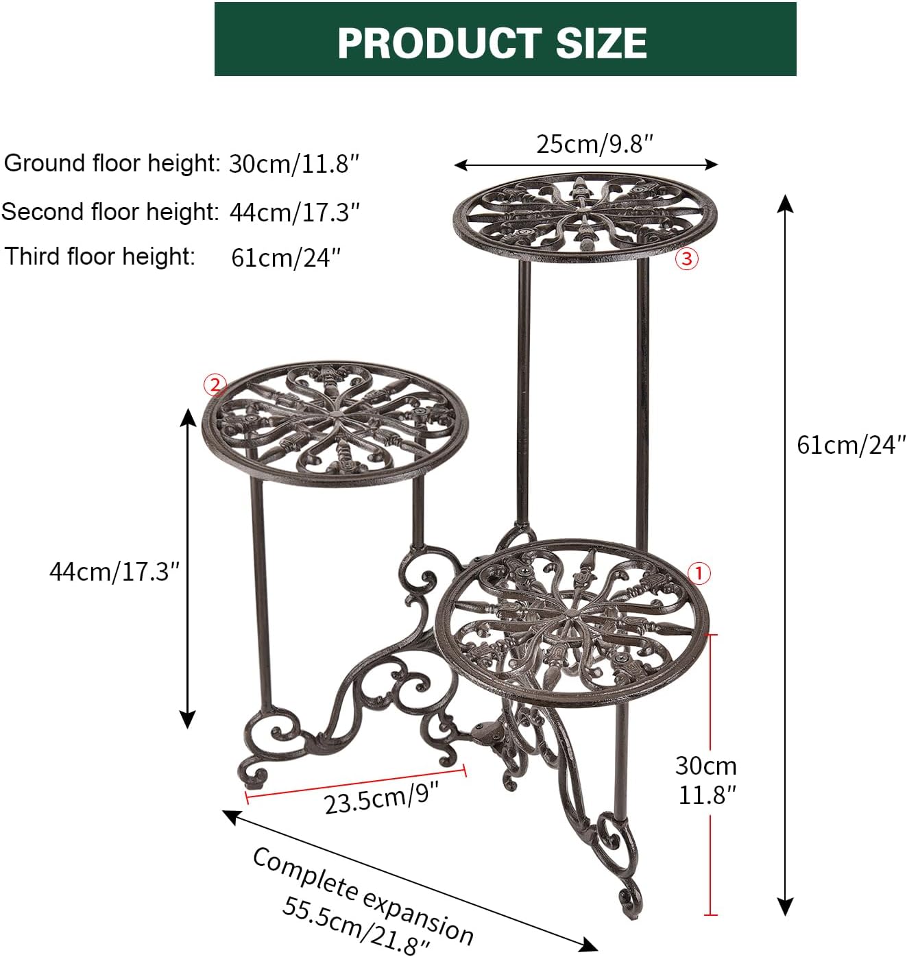 Sungmor Heavy Duty Cast Iron Plant stand, 3 Tier Foldable Metal Plant Shelf, 24in Tall Vintage Flower Pot Holder Indoor Outdoor Tiered Plant Stand, Rustic Plant Display Rack for Corner Balcony Patio
