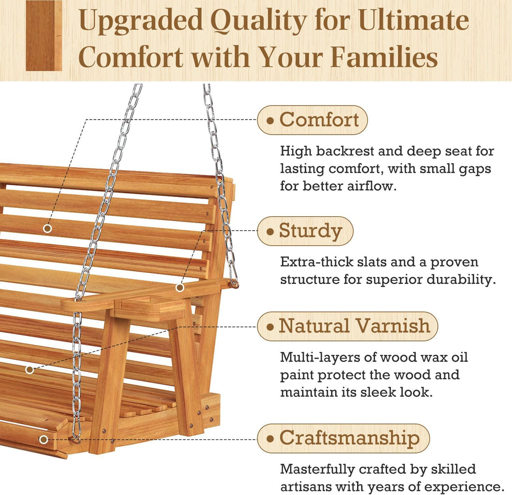 U-MAX 5.5FT Wooden Porch Swing, Patio Swing with Cup Holders & Chains, 880Lbs Weight Capacity Outdoor Swing Chair Bench for Courtyard & Garden