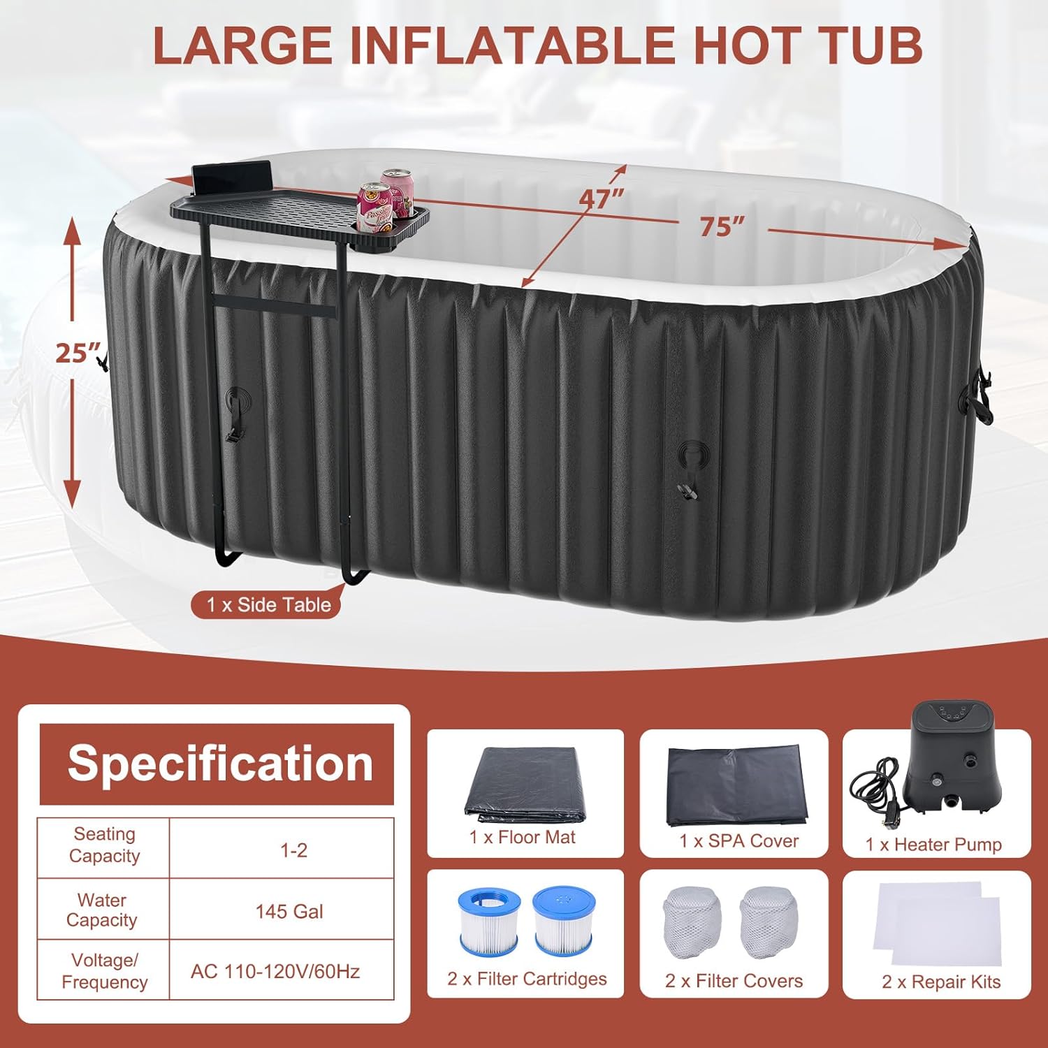 LILYPELLE 1-2 Person Inflatable Hot Tub, Oval Portable Hot Tub with 100 Bubble Jets, Large Outdoor Spa Bathtub Set Included Heater Pump, Filter and Insulated Cover, 75" X 47" X 25"