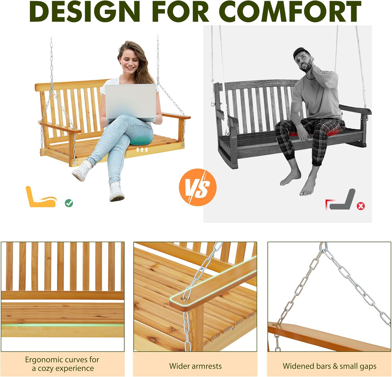 Outdoor Wooden Porch Swing 4FT, Patio Porch Bench Swing, Heavy Duty 440LBS Hanging Swing Chair Beach Outdoor Swings with Hanging Chain, Spring for Garden Deck Patio Outdoor Yard