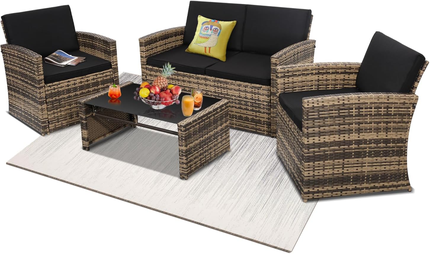 4 Pieces Patio Conversation Set, Outside Rattan Sectional Sofa, Cushioned Furniture Set, Wicker Sofa Ideal for Garden, Porch, Backyard, Grey Color Rattan and Light Grey Cushion