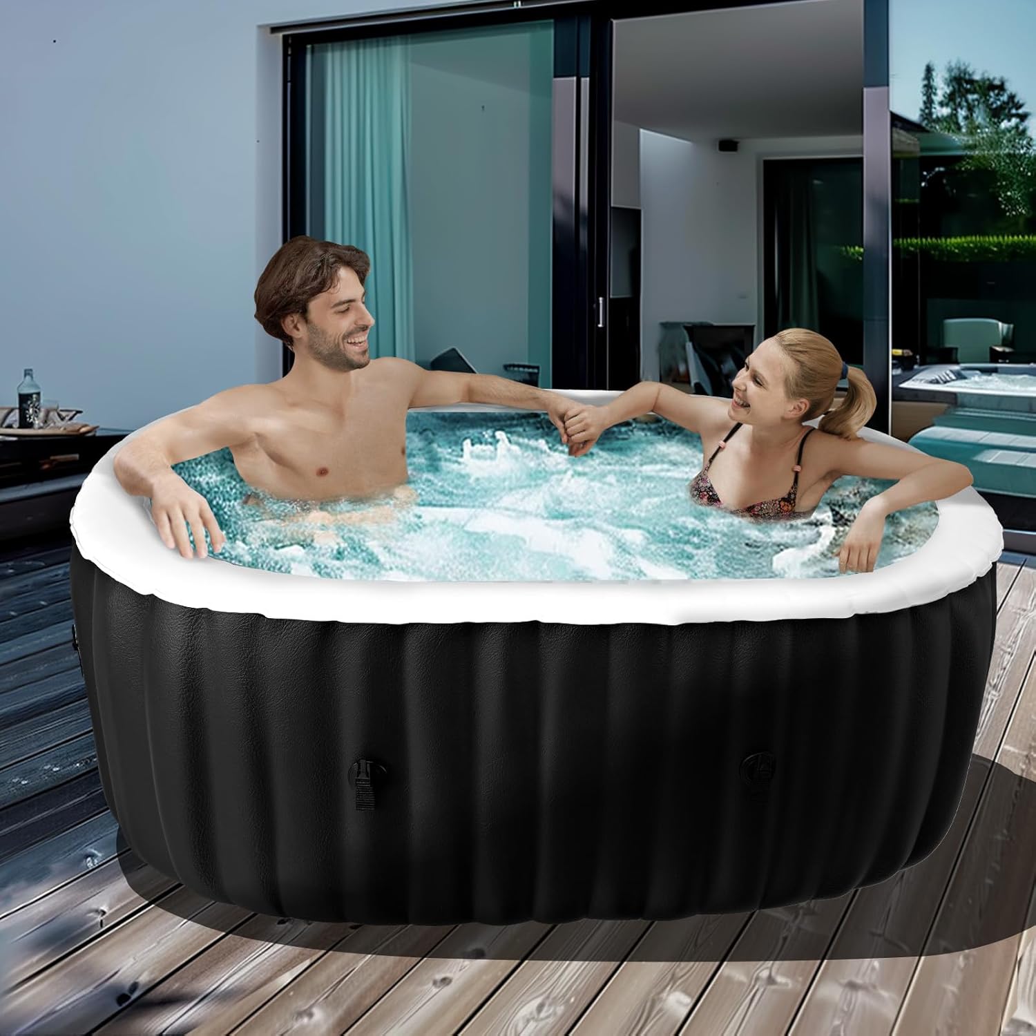 75" X 47" X 25" Hot Tub, 1-2 Person Inflatable Hot Tub, Oval Portable Blow Up Bathtub with Side Table, Outdoor Spa with 100 Bubble Jets and Heater Pump, Filter