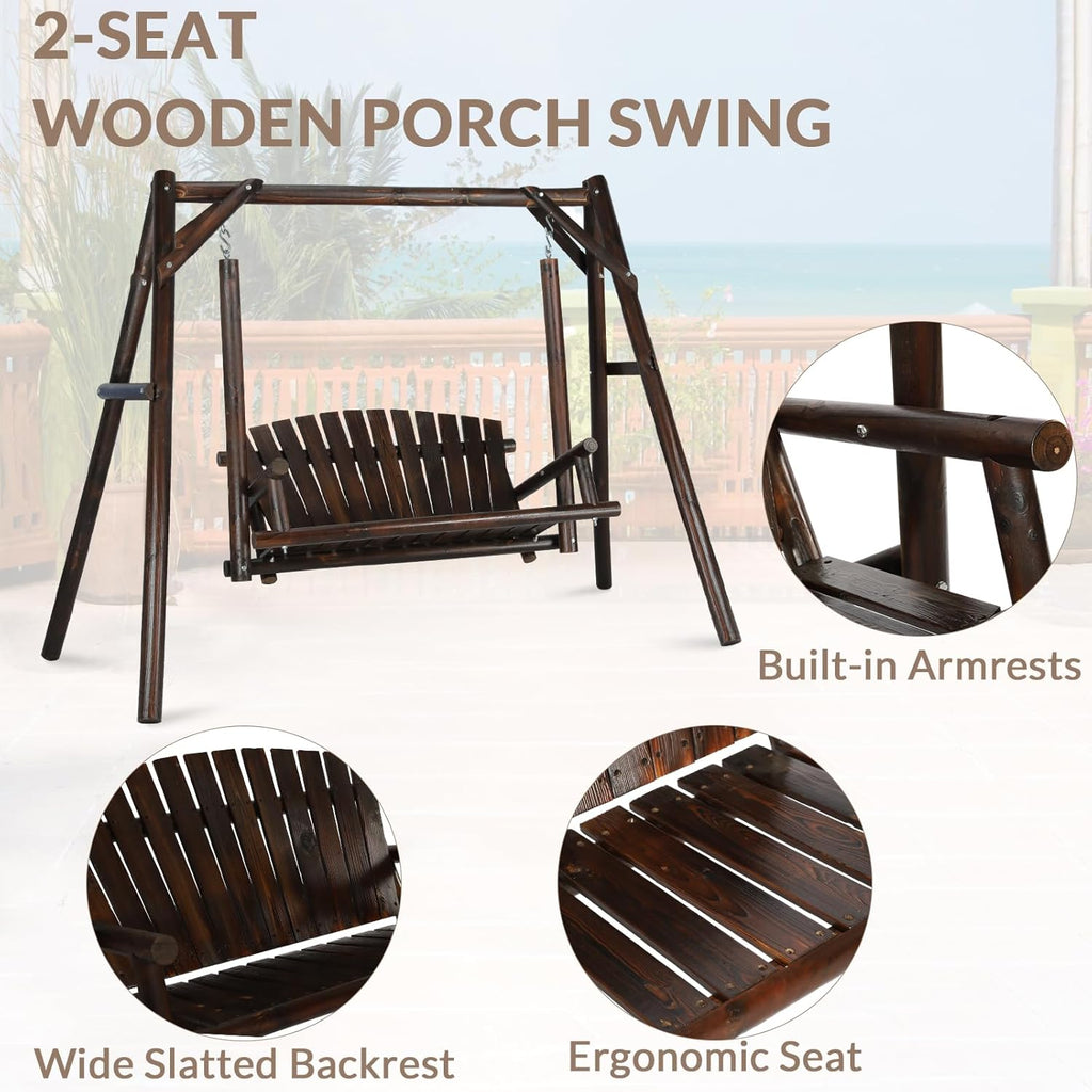 2-Seat Porch Swing, Wooden Log Patio Swings Chair Bench with Stand, Rustic Hardwood Swing Chair with Curved Back, Wood Seating Porch Swings for Outside Yard, Garden, Deck, Poolside, Carbonized