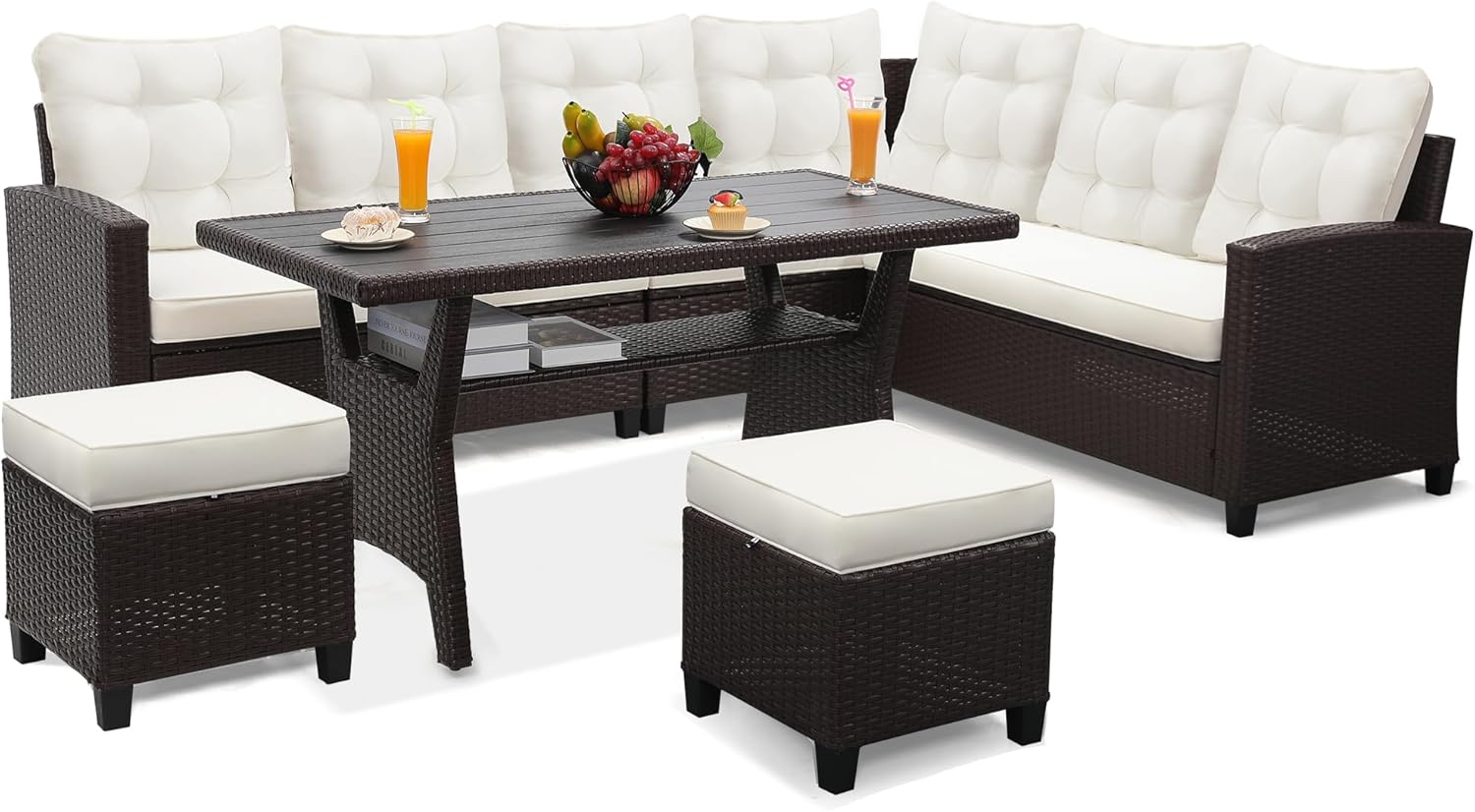 4 Pieces Patio Conversation Set, Outside Rattan Sectional Sofa, Cushioned Furniture Set, Wicker Sofa Ideal for Garden, Porch, Backyard, Grey Color Rattan and Light Grey Cushion