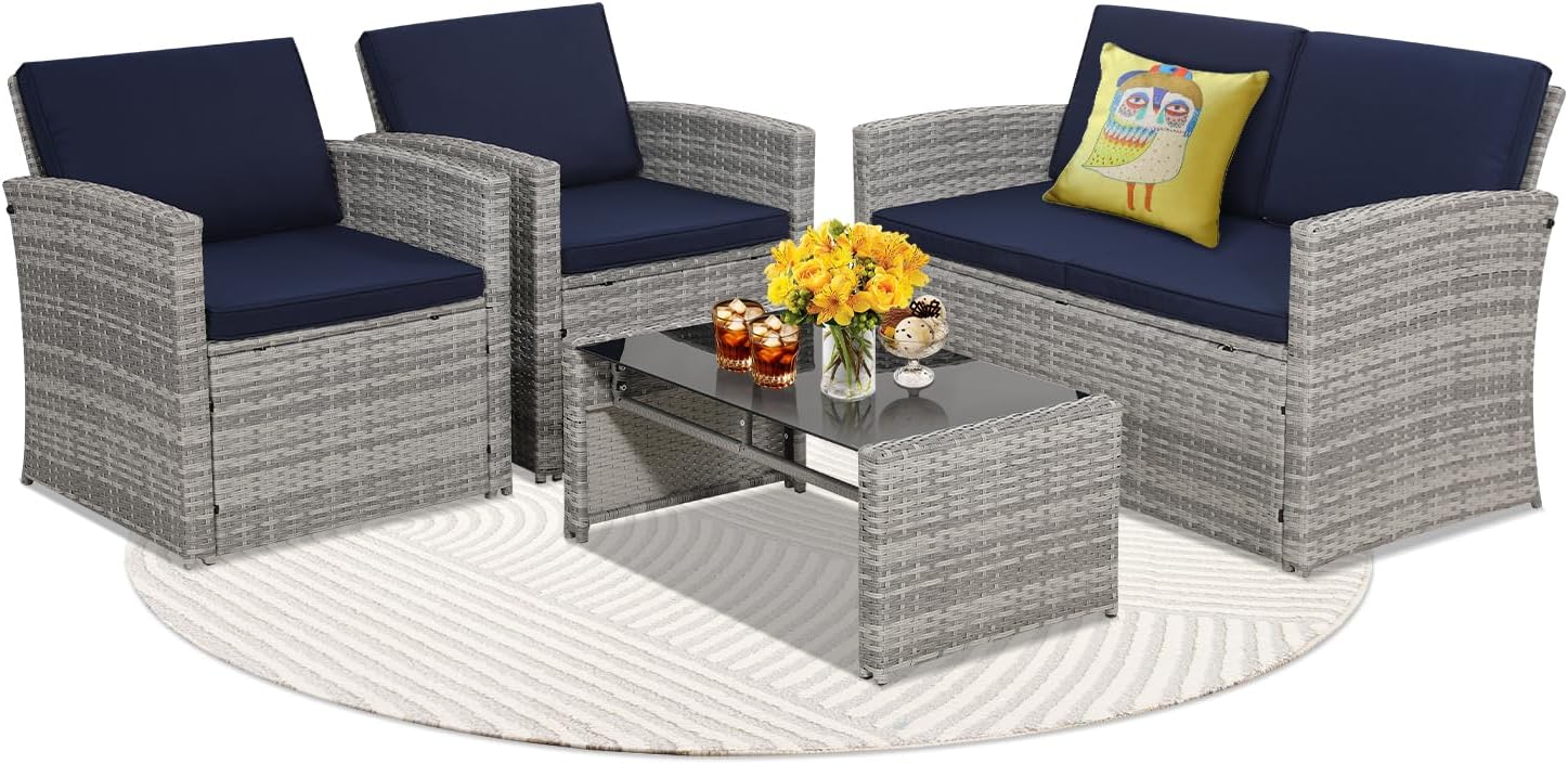 4 Pieces Patio Conversation Set, Outside Rattan Sectional Sofa, Cushioned Furniture Set, Wicker Sofa Ideal for Garden, Porch, Backyard, Grey Color Rattan and Light Grey Cushion