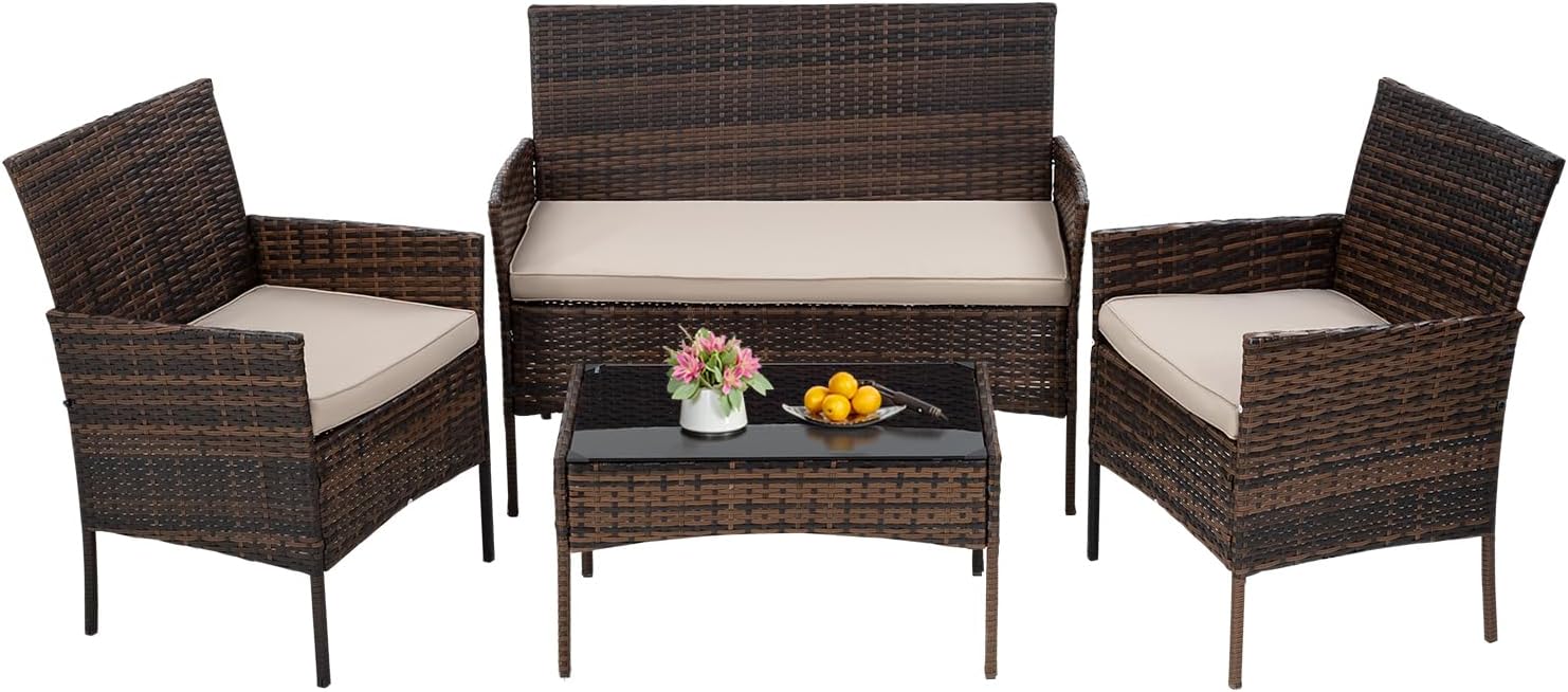 FDW | 4-Piece Patio Furniture Set | Black | Outdoor Wicker Furniture with Coffee Table | Modern Rattan Chairs Conversation Set | Outdoor Seating | Weather-Resistant | for Porch, Garden, Lawn