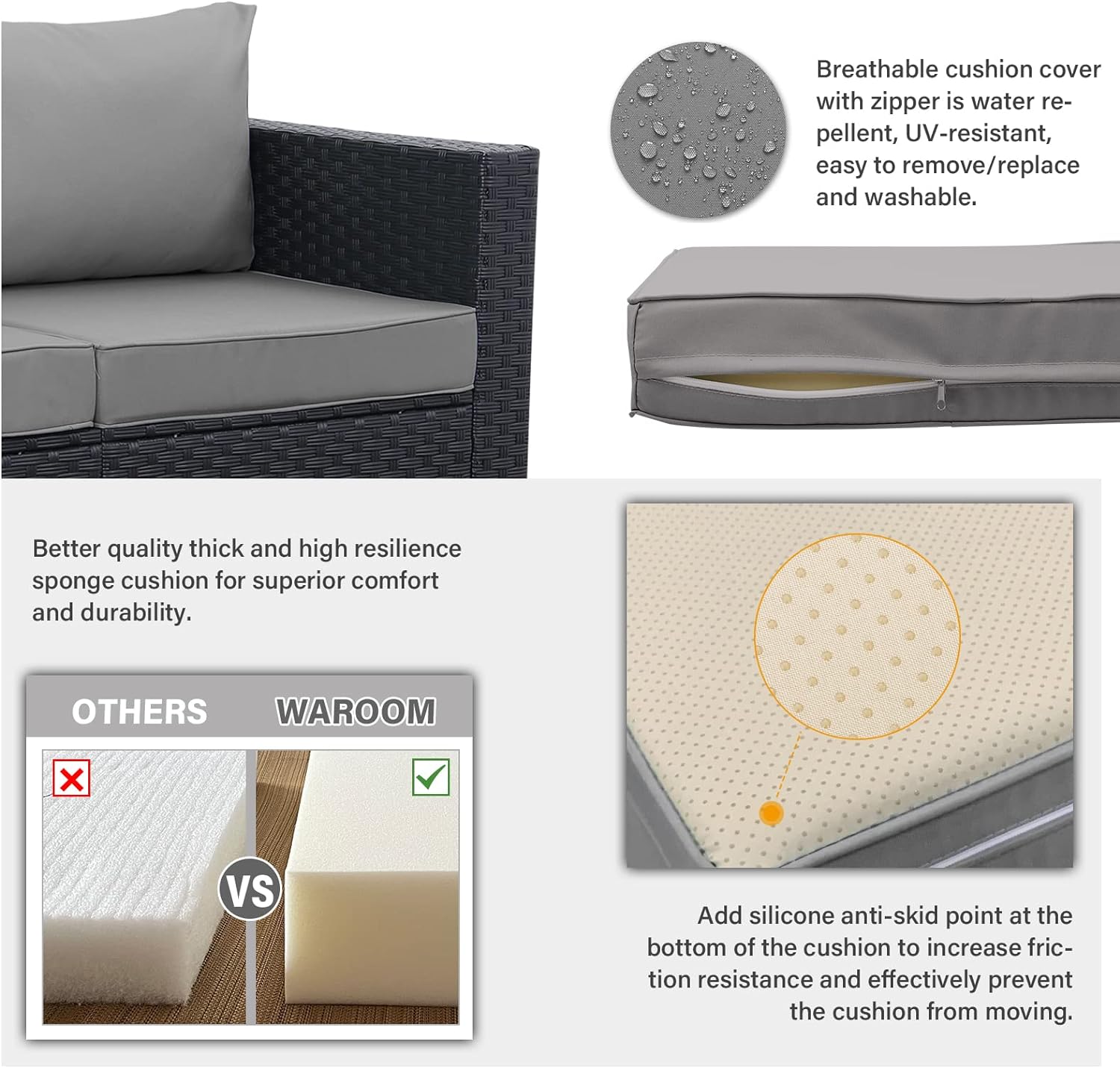 Outdoor PE Wicker Patio Furniture Set 4 Piece Black Rattan Sectional Loveseat Couch Set Conversation Sofa with Storage Box Glass Top Table and Non-Slip Grey Cushion