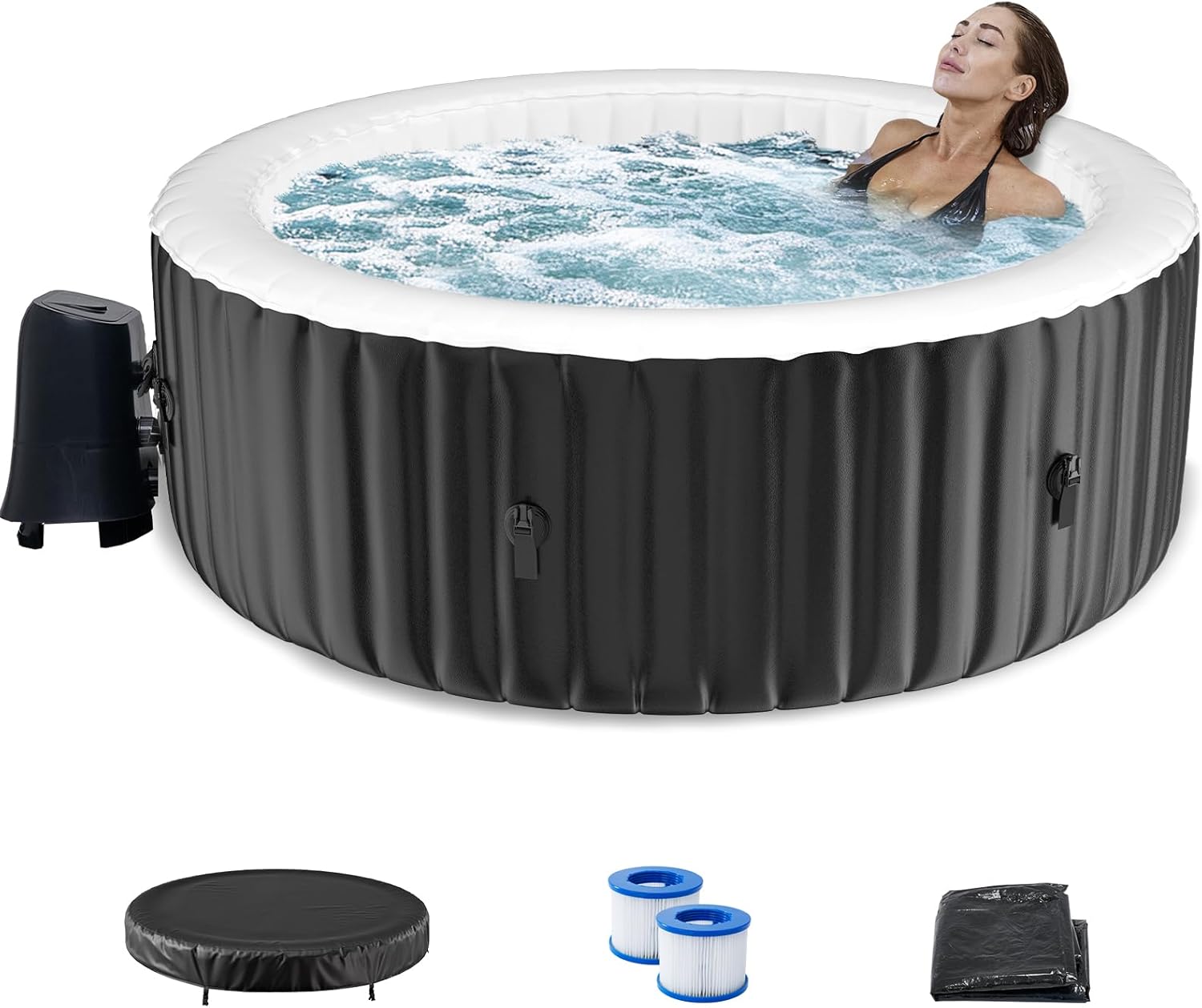 75" X 47" X 25" Hot Tub, 1-2 Person Inflatable Hot Tub, Oval Portable Blow Up Bathtub with Side Table, Outdoor Spa with 100 Bubble Jets and Heater Pump, Filter