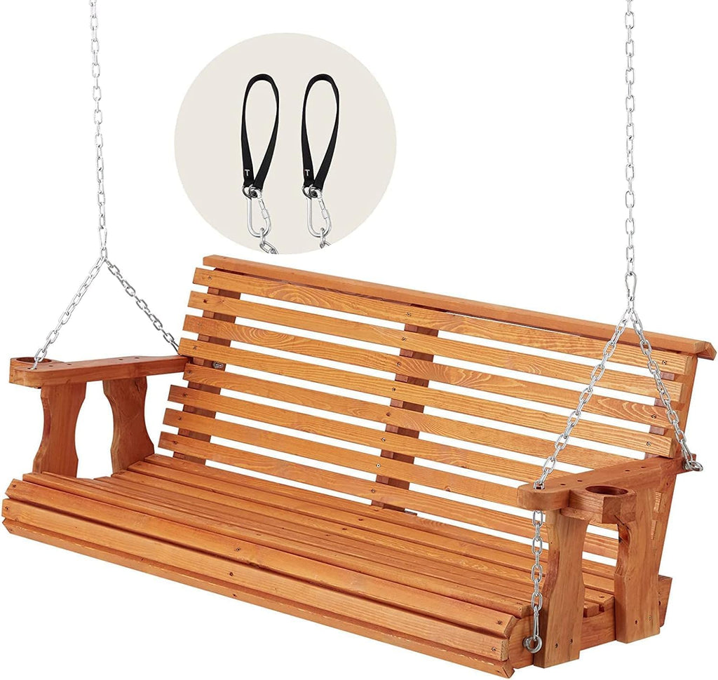 U-MAX 5.5FT Wooden Porch Swing, Patio Swing with Cup Holders & Chains, 880Lbs Weight Capacity Outdoor Swing Chair Bench for Courtyard & Garden