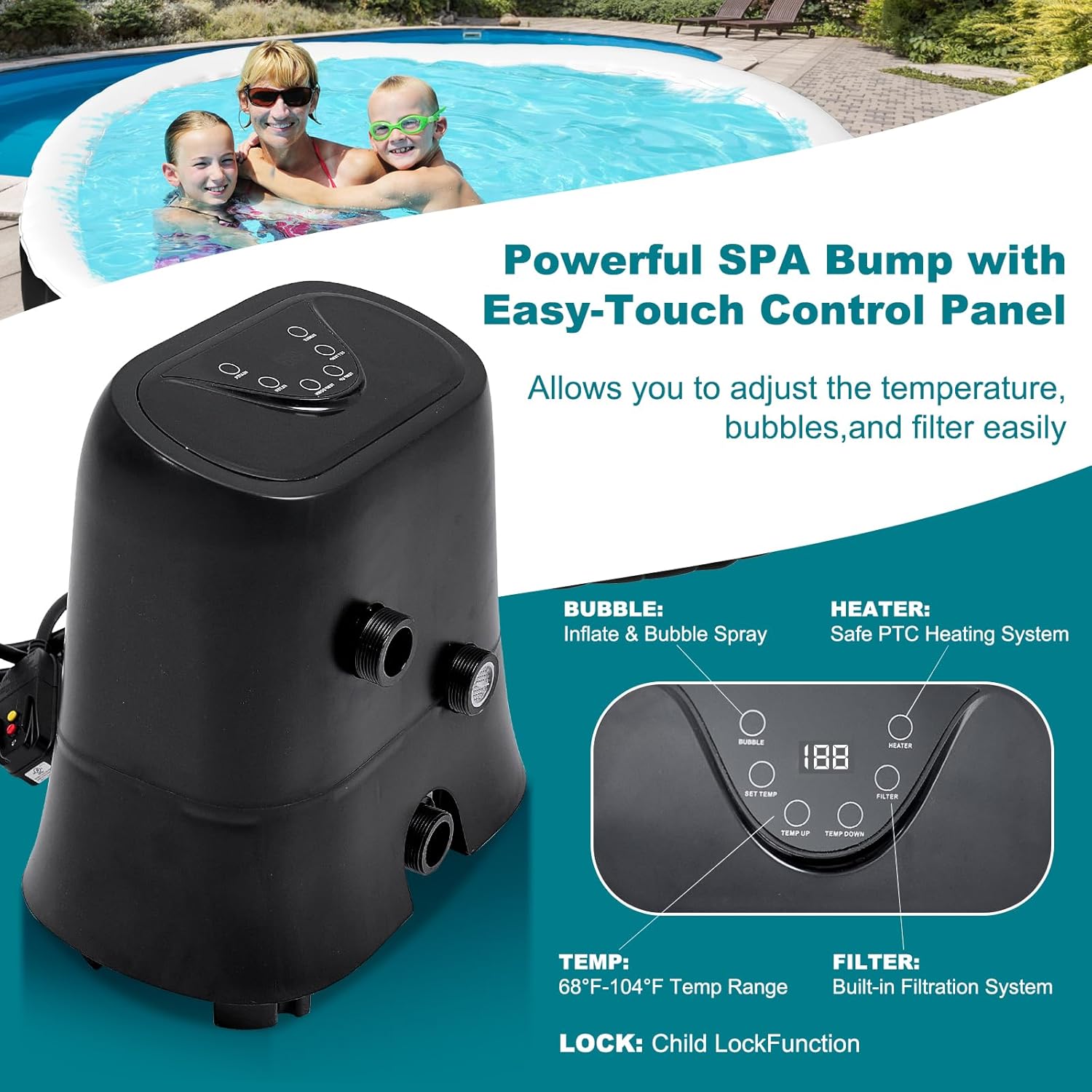 75" X 47" X 25" Hot Tub, 1-2 Person Inflatable Hot Tub, Oval Portable Blow Up Bathtub with Side Table, Outdoor Spa with 100 Bubble Jets and Heater Pump, Filter