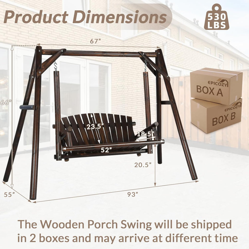 2-Seat Porch Swing, Wooden Log Patio Swings Chair Bench with Stand, Rustic Hardwood Swing Chair with Curved Back, Wood Seating Porch Swings for Outside Yard, Garden, Deck, Poolside, Carbonized