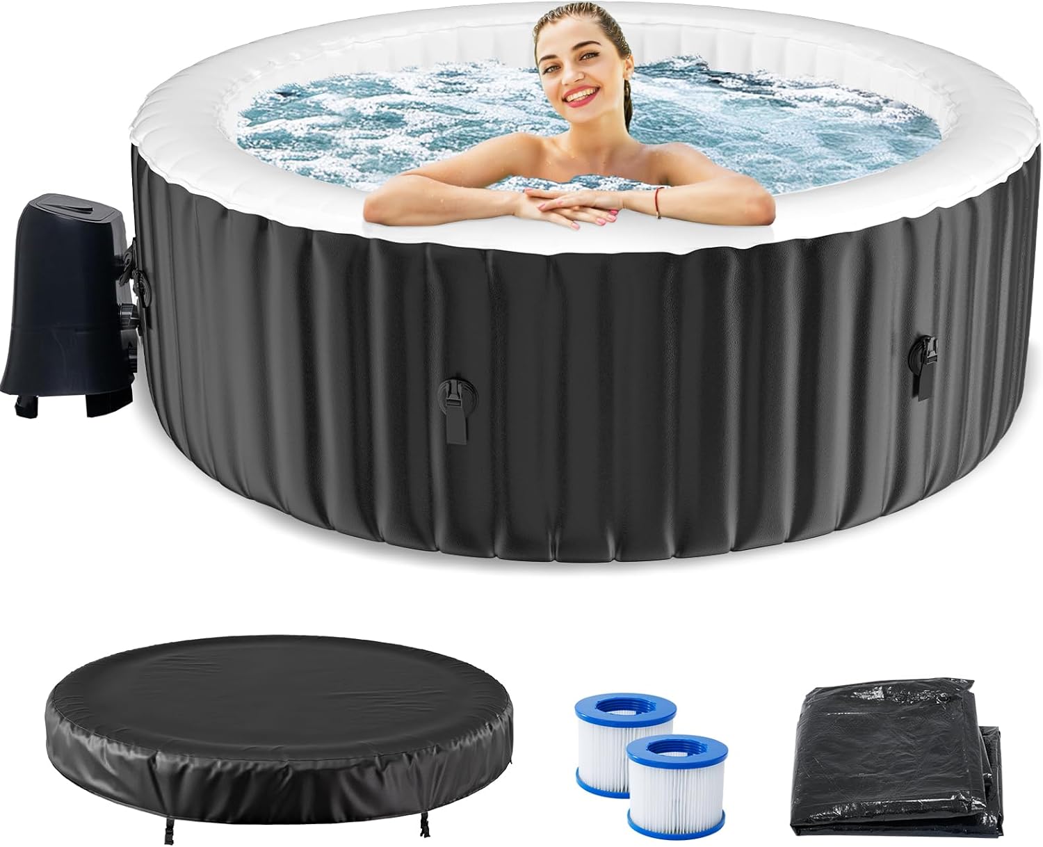 75" X 47" X 25" Hot Tub, 1-2 Person Inflatable Hot Tub, Oval Portable Blow Up Bathtub with Side Table, Outdoor Spa with 100 Bubble Jets and Heater Pump, Filter