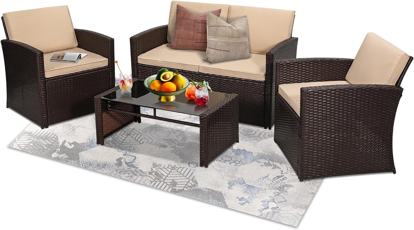 4 Pieces Patio Conversation Set, Outside Rattan Sectional Sofa, Cushioned Furniture Set, Wicker Sofa Ideal for Garden, Porch, Backyard, Grey Color Rattan and Light Grey Cushion