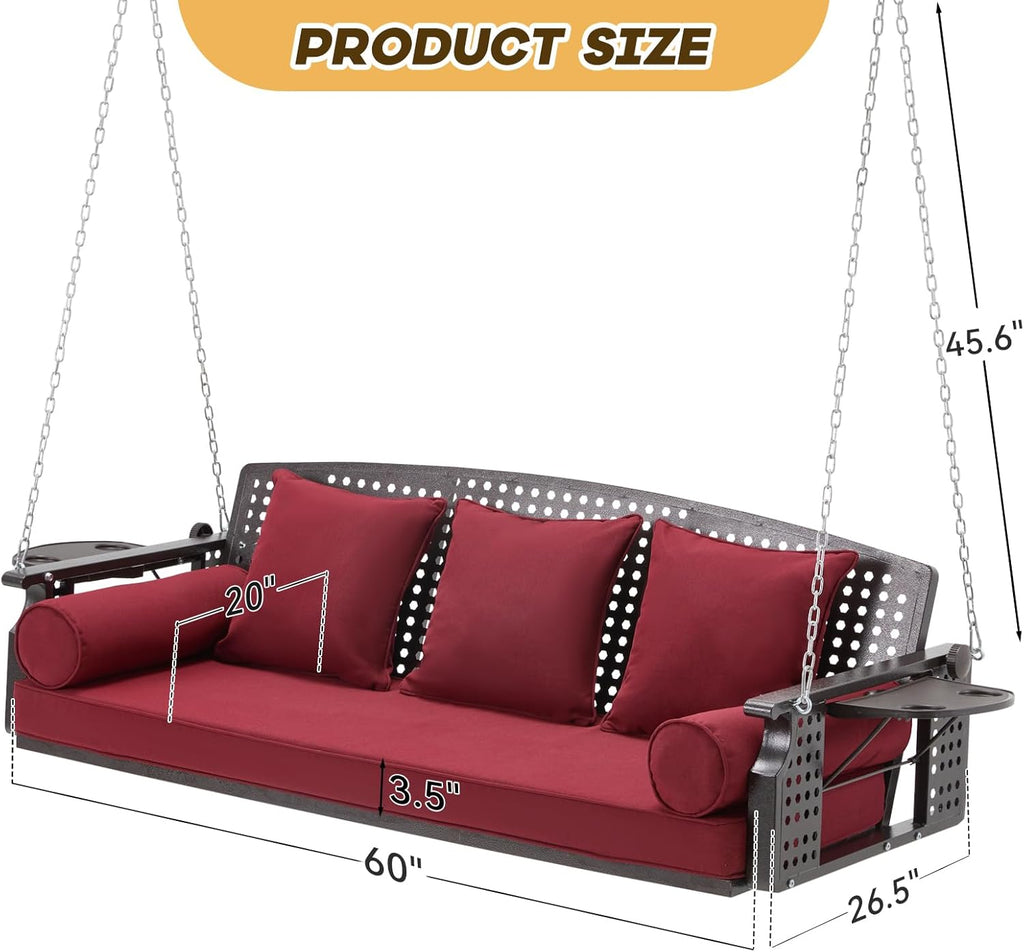 3 Seat Porch Swing, Patio Swing Bench with Cup Holders & 3 Back Cushions, Swing Chair with Chains for Deck Garden Backyard,Red