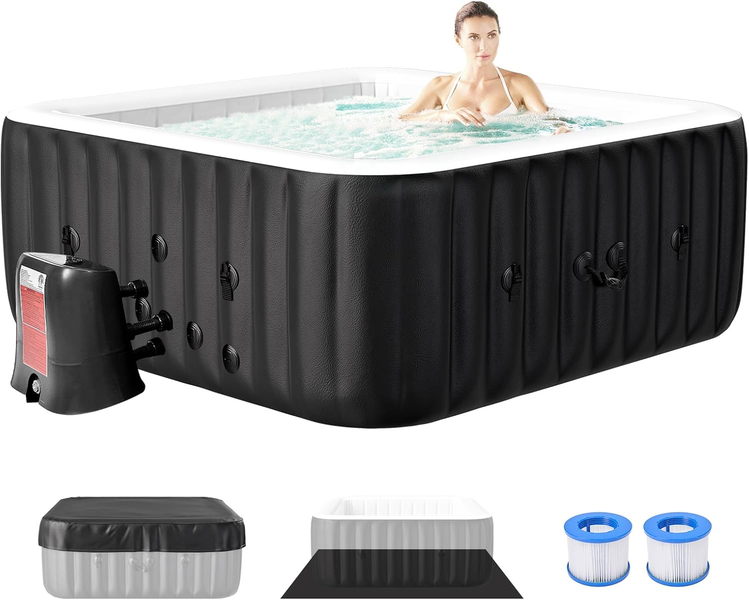 Inflatable Blow Up Hot Tub with Side Table, 2 Person Oval Portable Hot Tub Spa, Leak-Proof PVC Outdoor Spa with 100 Air Jets, Heater Pump and Insulated Cover, 75” L X 47”W X 25”H