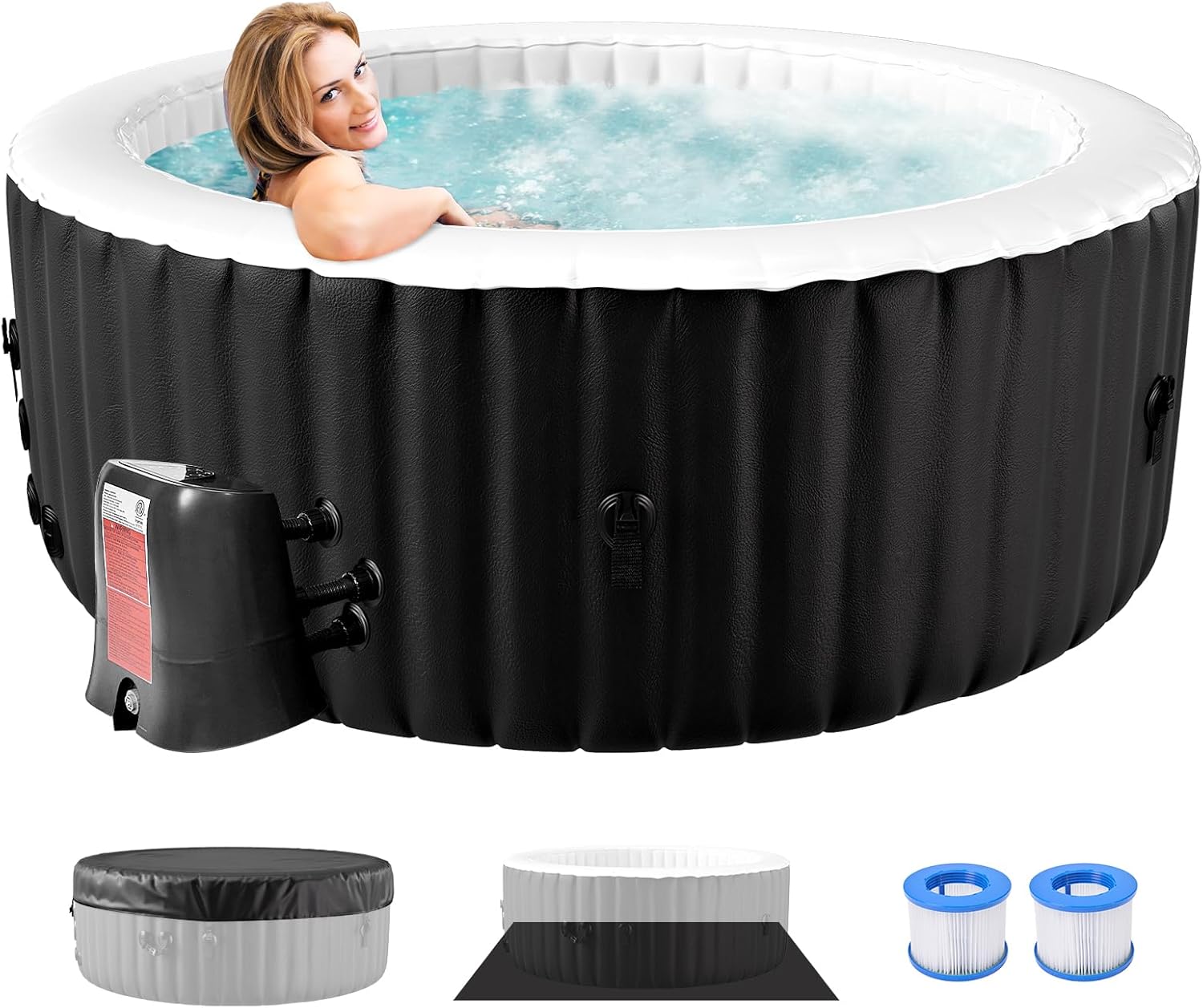 Inflatable Blow Up Hot Tub with Side Table, 2 Person Oval Portable Hot Tub Spa, Leak-Proof PVC Outdoor Spa with 100 Air Jets, Heater Pump and Insulated Cover, 75” L X 47”W X 25”H