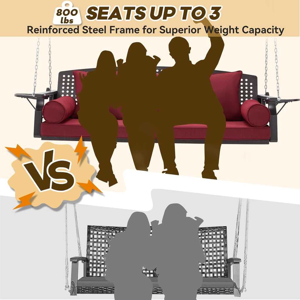 3 Seat Porch Swing, Patio Swing Bench with Cup Holders & 3 Back Cushions, Swing Chair with Chains for Deck Garden Backyard,Red