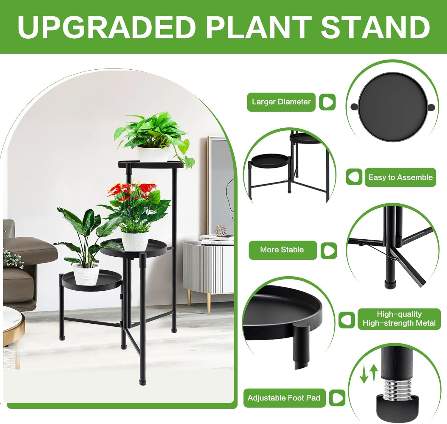 3 Tier Metal Corner Plant Stand Indoor Outdoor, Heightened widened 30'' Tall Multiple Flower Pot Display Holder, Iron Plant Rack Organizer for Living Room Garden Patio Balcony Office (black)