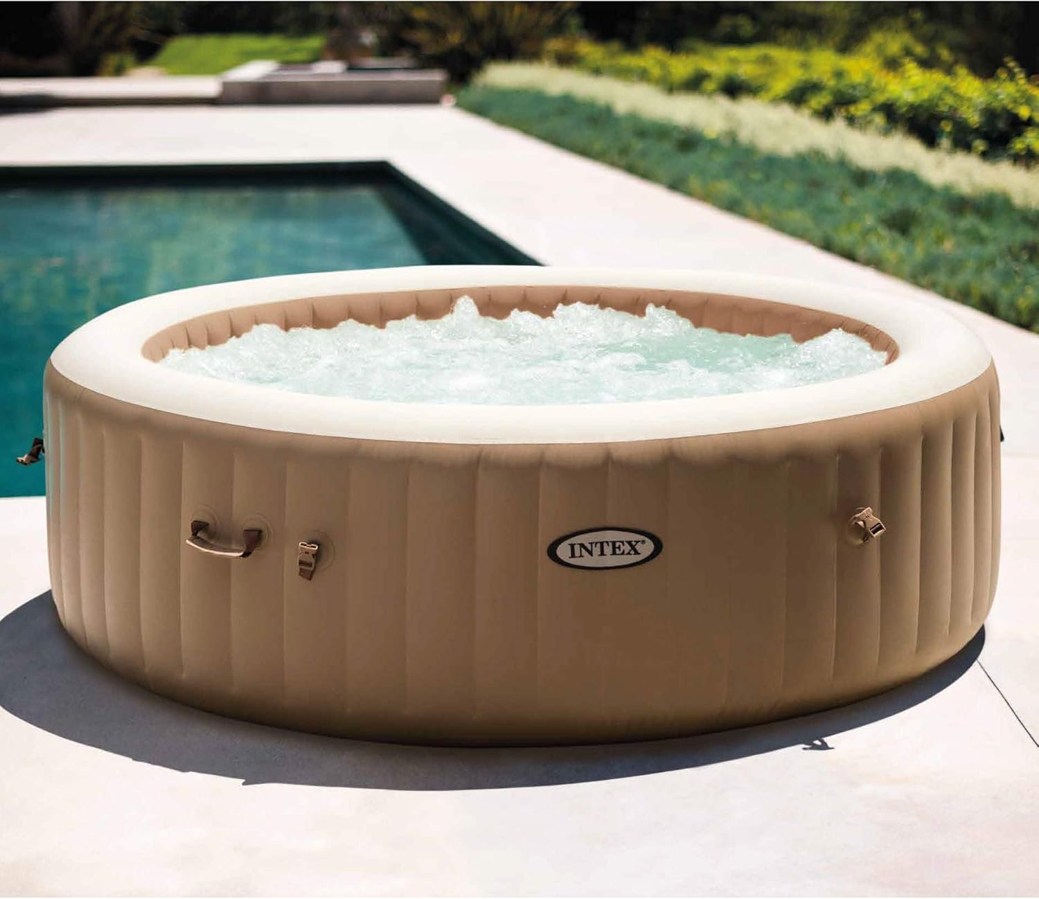 INTEX 28425EH PureSpa Bubble Massage Spa Set Outdoor Inflatable Portable Hot Tub, Includes Energy Efficient Spa Cover, Saltwater System Ready, 4 Person, 77in x 28in