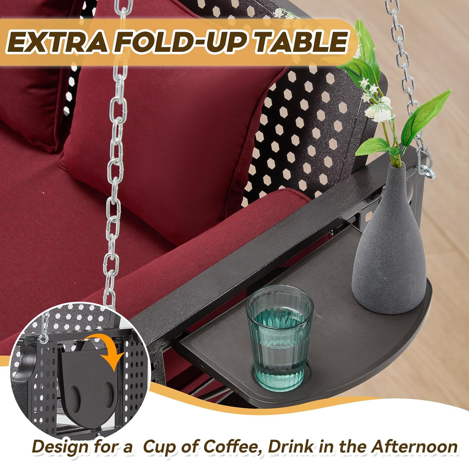 3 Seat Porch Swing, Patio Swing Bench with Cup Holders & 3 Back Cushions, Swing Chair with Chains for Deck Garden Backyard,Red