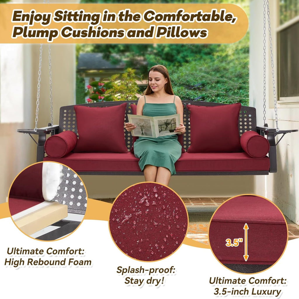 3 Seat Porch Swing, Patio Swing Bench with Cup Holders & 3 Back Cushions, Swing Chair with Chains for Deck Garden Backyard,Red