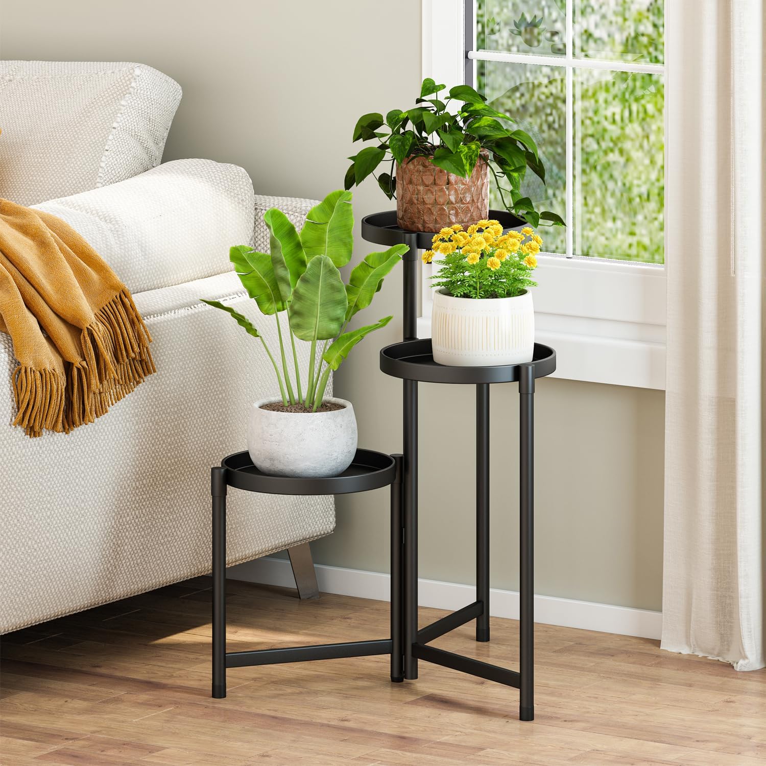 Plant Stand indoor outdoor - 3 Tier black Tall Metal Flower Pot Holder Potted Display Rack - Heavy Duty Corner Plant Shelf for Patio Garden Balcony Living Room Bedroom