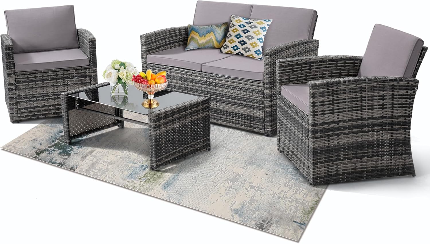 4 Pieces Patio Conversation Set, Outside Rattan Sectional Sofa, Cushioned Furniture Set, Wicker Sofa Ideal for Garden, Porch, Backyard, Grey Color Rattan and Light Grey Cushion