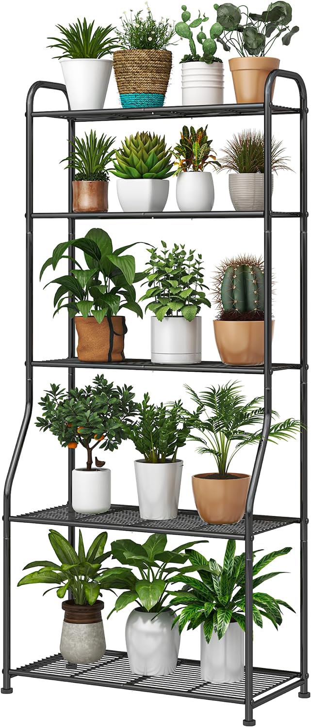 Simple Trending 3 Tier Metal Plant Stand Outdoor Indoor Waterproof, Stackable Heavy Duty Tall Plant Shelf Flower Pot Holder for Garden, Display Rack, Black
