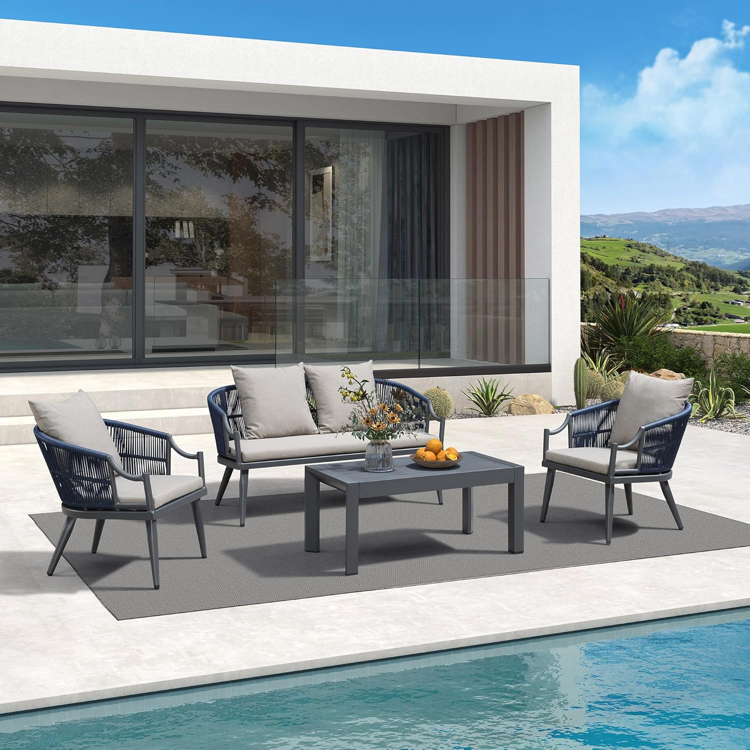 PURPLE LEAF 4-Pieces Wicker Patio Conversation Set Outdoor Rattan Sofa Patio Furniture Set with High-Density Cushions and Aluminum Coffee Table for Backyard Porch Poolside, Dark Grey