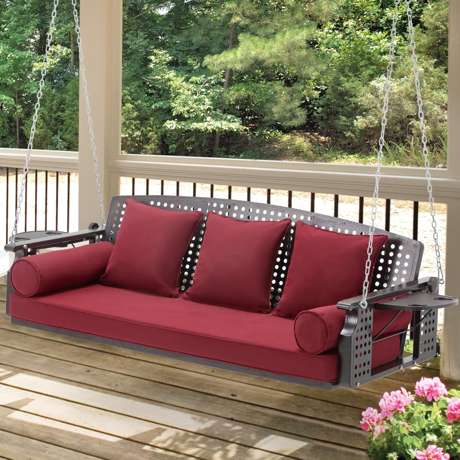 3 Seat Porch Swing, Patio Swing Bench with Cup Holders & 3 Back Cushions, Swing Chair with Chains for Deck Garden Backyard,Red