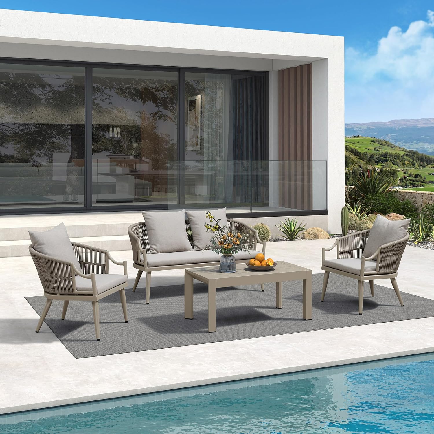 PURPLE LEAF 4-Pieces Wicker Patio Conversation Set Outdoor Rattan Sofa Patio Furniture Set with High-Density Cushions and Aluminum Coffee Table for Backyard Porch Poolside, Dark Grey