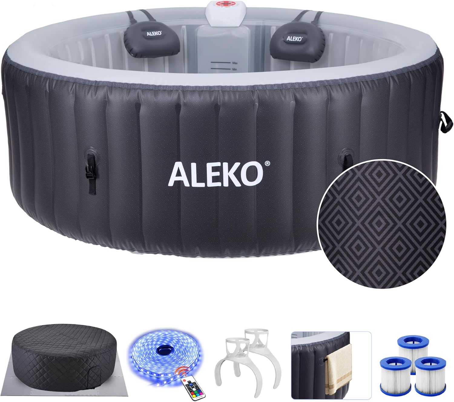 ALEKO Diamond 2-Person Inflatable Jetted Hot Tub | 100 Soothing Bubble Jets | Energy Efficient Cover | LED Lights with 7 Lights | 360-Degree Bubble Massage | 145 Gallon Water Capacity