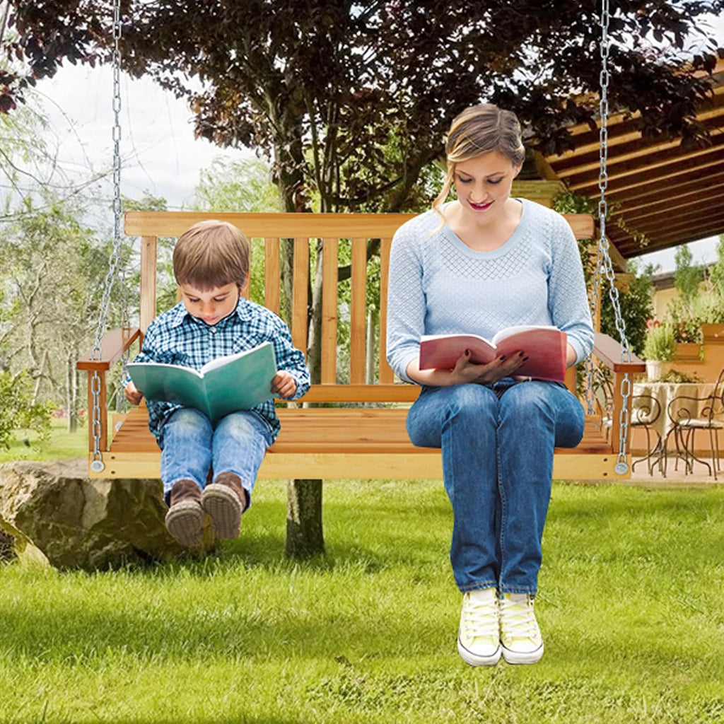 Outdoor Wooden Porch Swing 4FT, Patio Porch Bench Swing, Heavy Duty 440LBS Hanging Swing Chair Beach Outdoor Swings with Hanging Chain, Spring for Garden Deck Patio Outdoor Yard