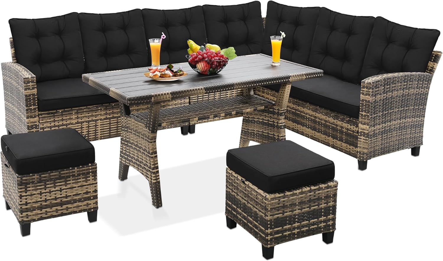 4 Pieces Patio Conversation Set, Outside Rattan Sectional Sofa, Cushioned Furniture Set, Wicker Sofa Ideal for Garden, Porch, Backyard, Grey Color Rattan and Light Grey Cushion