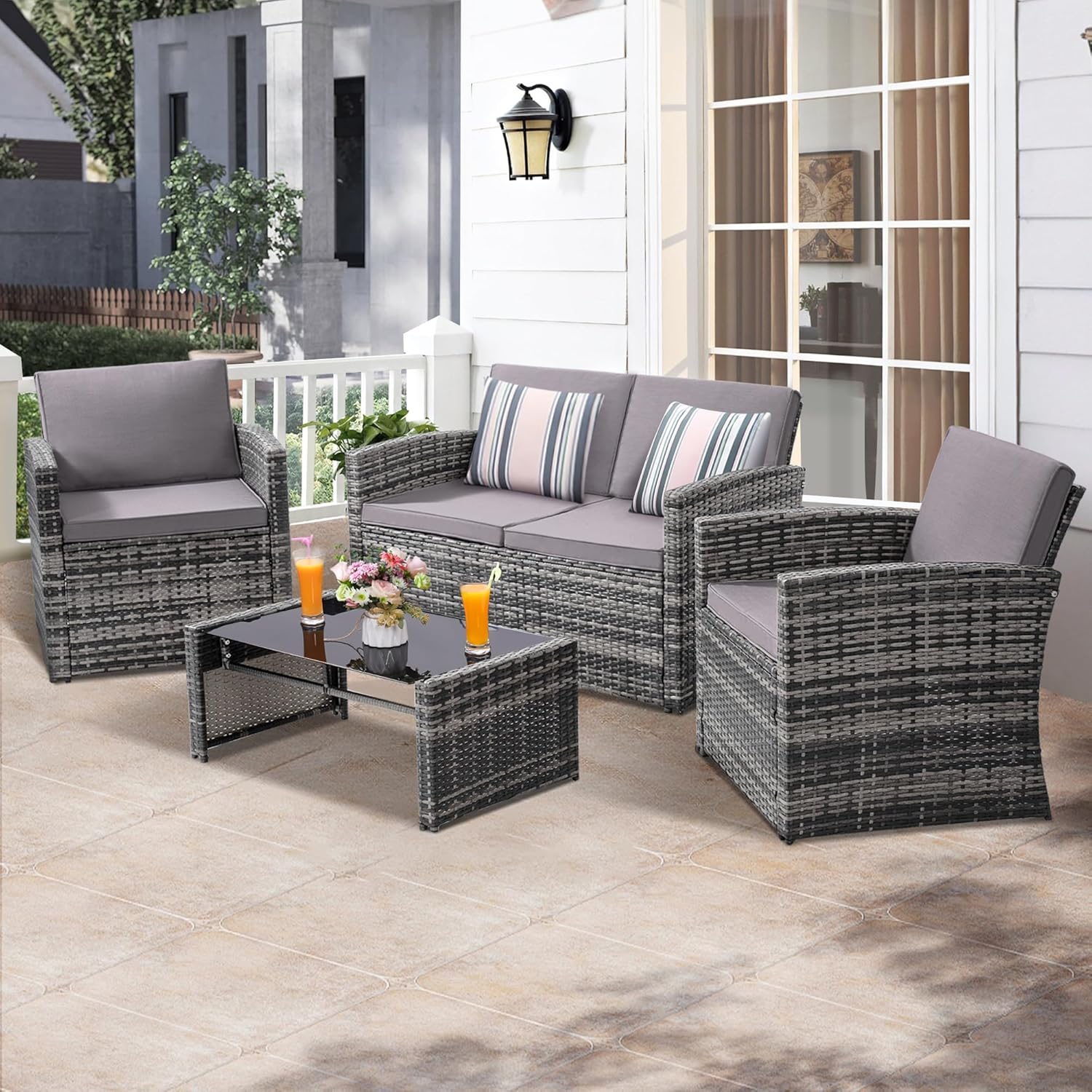 4 Pieces Patio Conversation Set, Outside Rattan Sectional Sofa, Cushioned Furniture Set, Wicker Sofa Ideal for Garden, Porch, Backyard, Grey Color Rattan and Light Grey Cushion