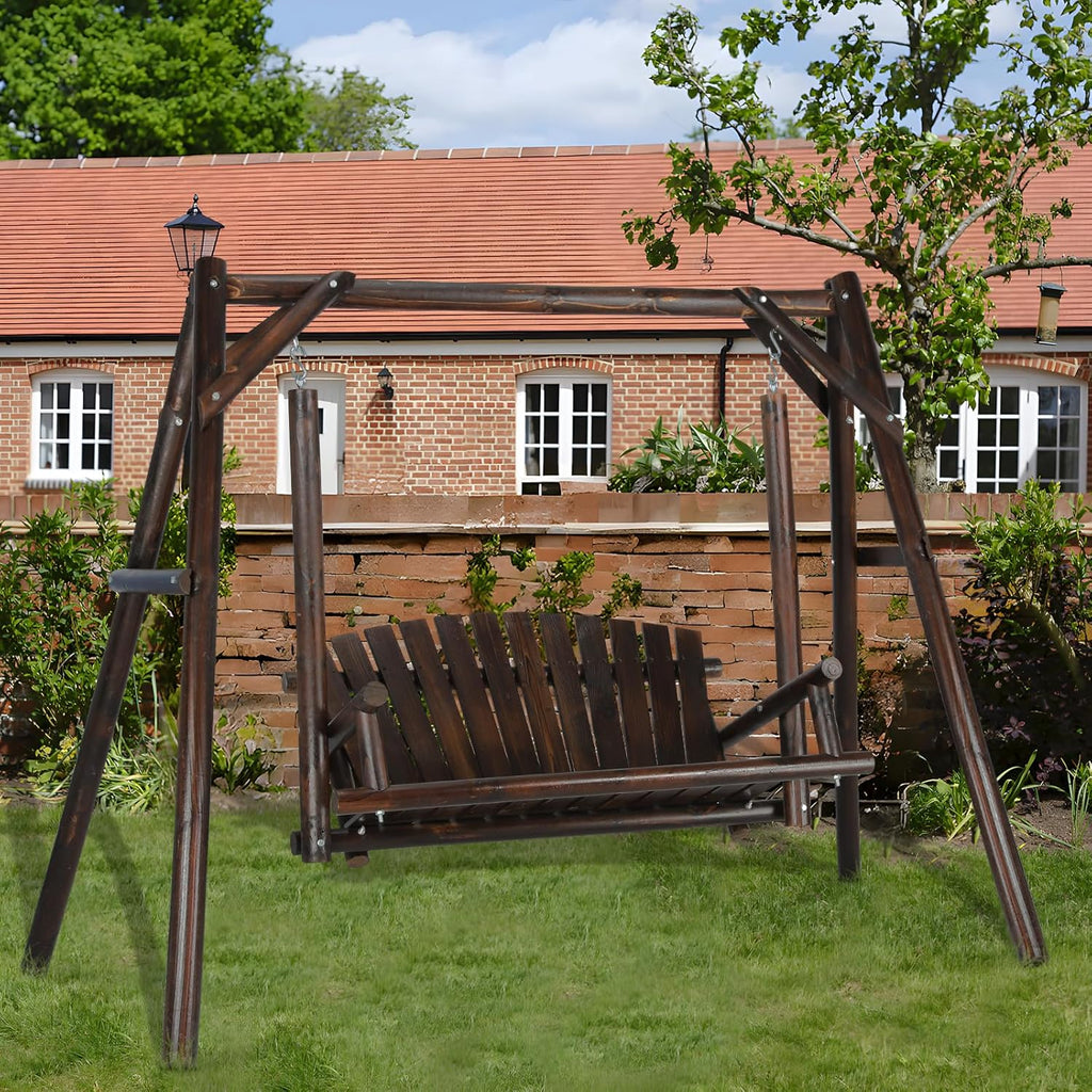 2-Seat Porch Swing, Wooden Log Patio Swings Chair Bench with Stand, Rustic Hardwood Swing Chair with Curved Back, Wood Seating Porch Swings for Outside Yard, Garden, Deck, Poolside, Carbonized