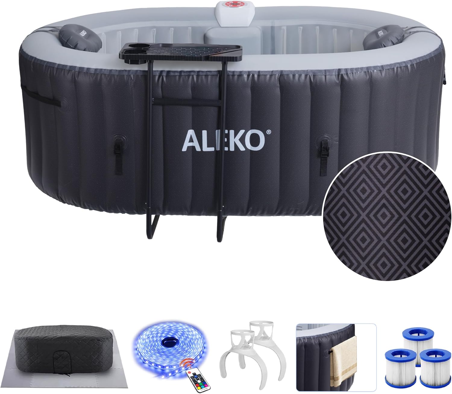 ALEKO Diamond 2-Person Inflatable Jetted Hot Tub | 100 Soothing Bubble Jets | Energy Efficient Cover | LED Lights with 7 Lights | 360-Degree Bubble Massage | 145 Gallon Water Capacity
