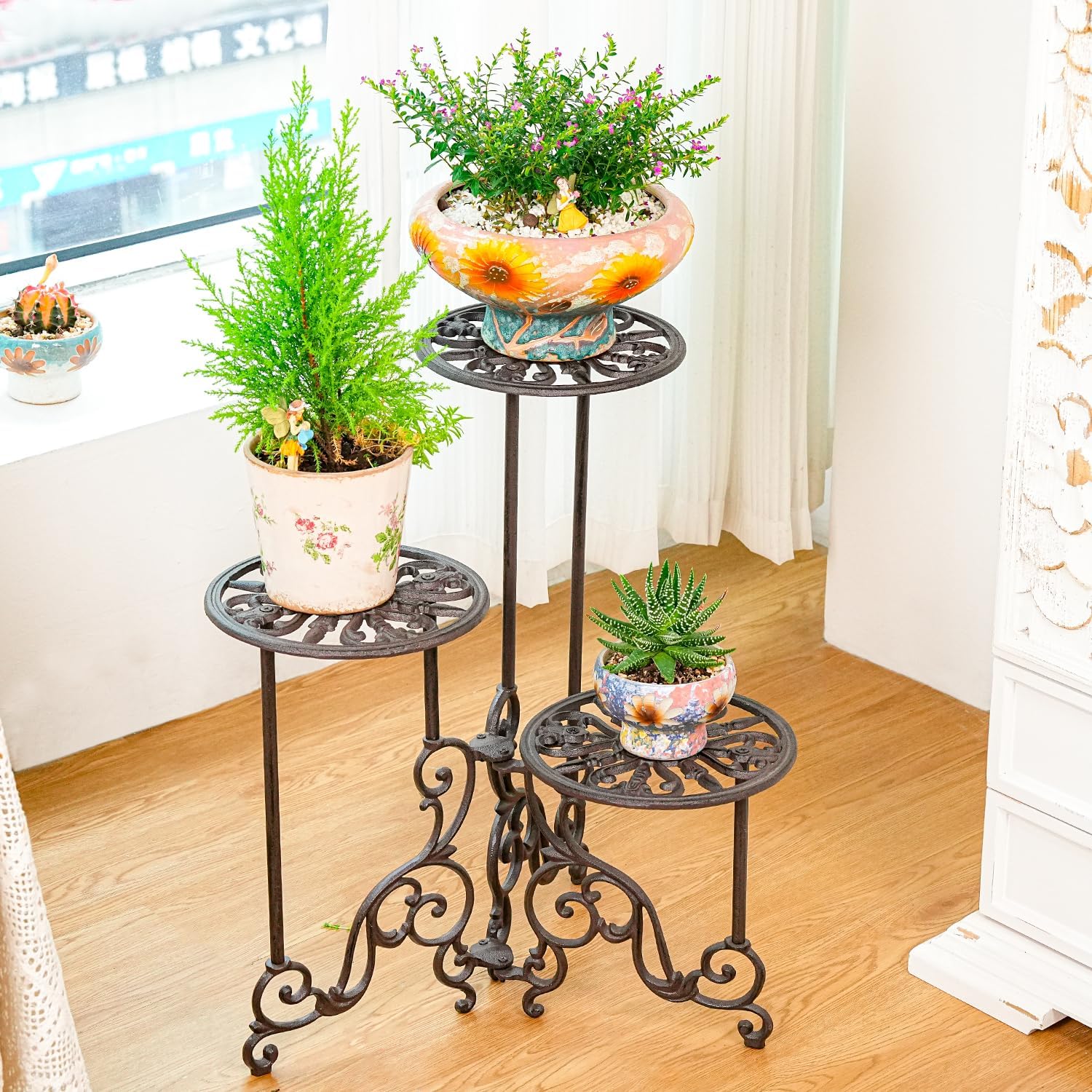 Sungmor Heavy Duty Cast Iron Plant stand, 3 Tier Foldable Metal Plant Shelf, 24in Tall Vintage Flower Pot Holder Indoor Outdoor Tiered Plant Stand, Rustic Plant Display Rack for Corner Balcony Patio