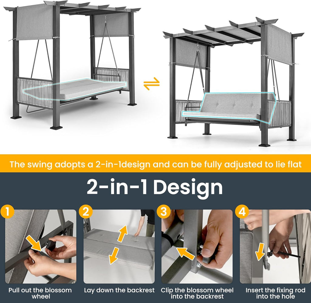 Pamapic 3-Seat Porch Swing Bed with Adjustable Canopy, Outdoor Hanging Swing Chair with Stand, Wicker Armrests, Patio Hammock Swinging for Porch, Backyard, or Garden, Comfortable Cushion, Gray