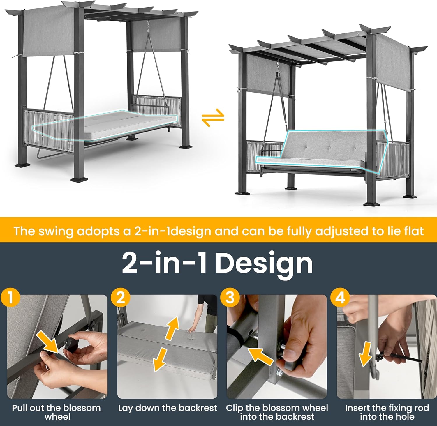 Pamapic 3-Seat Porch Swing Bed with Adjustable Canopy, Outdoor Hanging Swing Chair with Stand, Wicker Armrests, Patio Hammock Swinging for Porch, Backyard, or Garden, Comfortable Cushion, Gray