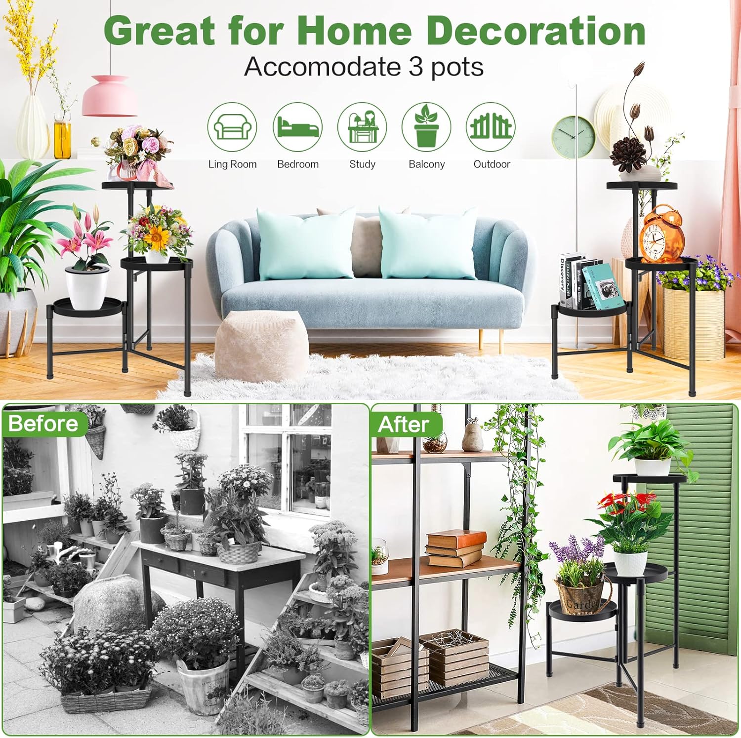 3 Tier Metal Corner Plant Stand Indoor Outdoor, Heightened widened 30'' Tall Multiple Flower Pot Display Holder, Iron Plant Rack Organizer for Living Room Garden Patio Balcony Office (black)