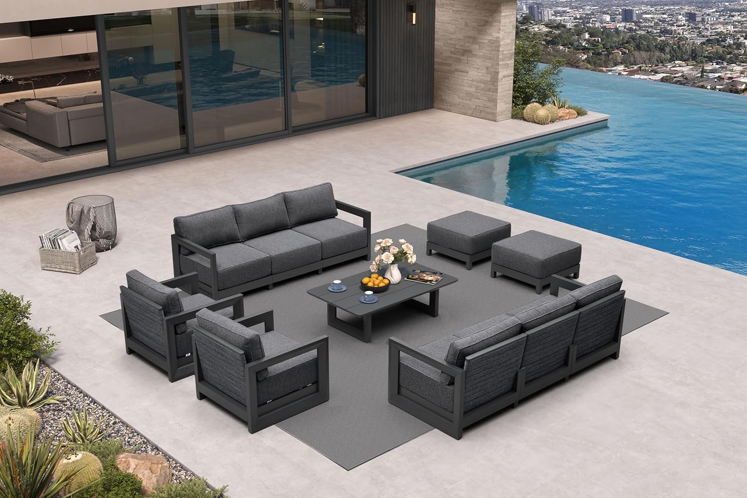 PURPLE LEAF 4-Pieces Wicker Patio Conversation Set Outdoor Rattan Sofa Patio Furniture Set with High-Density Cushions and Aluminum Coffee Table for Backyard Porch Poolside, Dark Grey