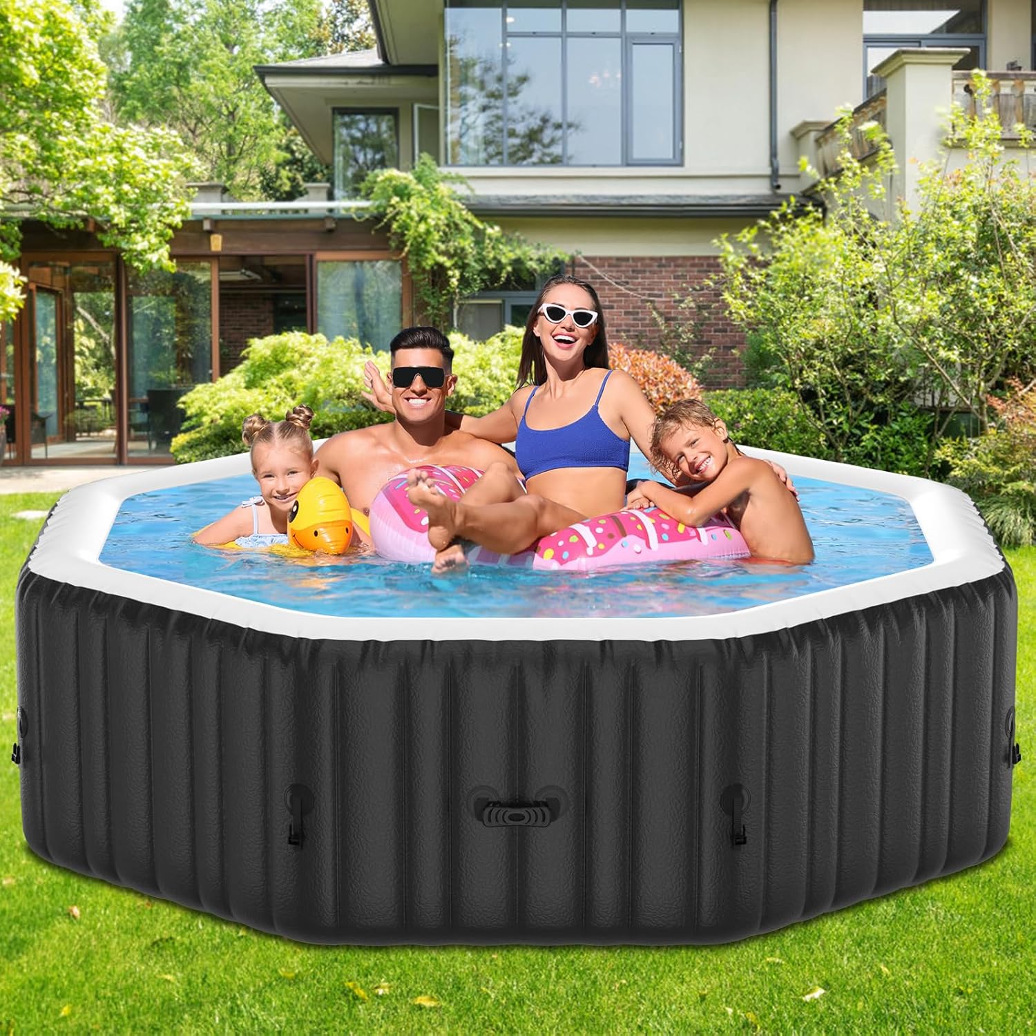 75" X 47" X 25" Hot Tub, 1-2 Person Inflatable Hot Tub, Oval Portable Blow Up Bathtub with Side Table, Outdoor Spa with 100 Bubble Jets and Heater Pump, Filter