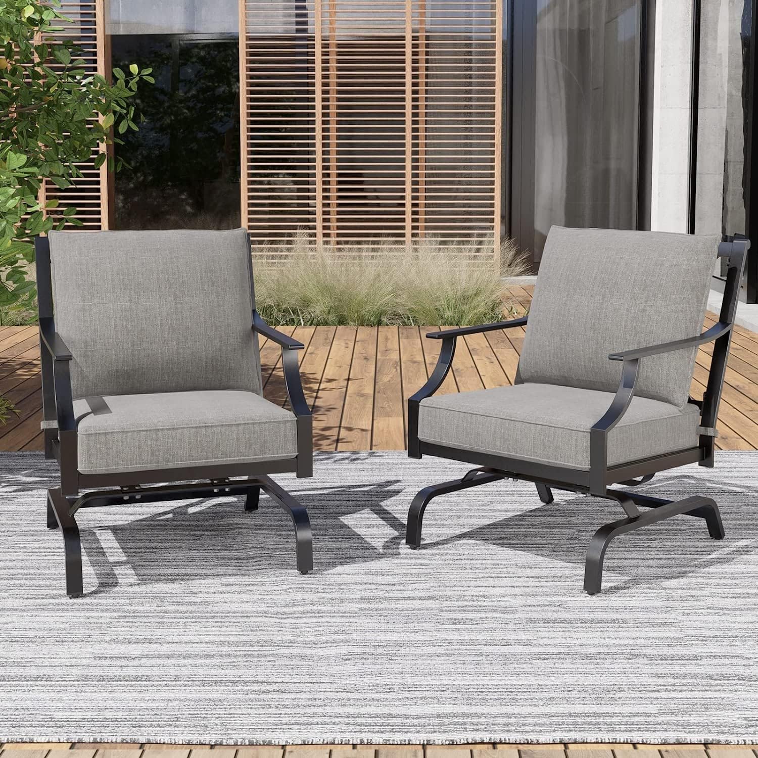 Grand patio 3-Piece Furniture Seating Motion Chairs Set Outdoor Bistro Set Patio Conversation Sets Glider Rocking Chair with Comfortable Gray Cushions Square Coffee Table for Garden Lawn & Poolside