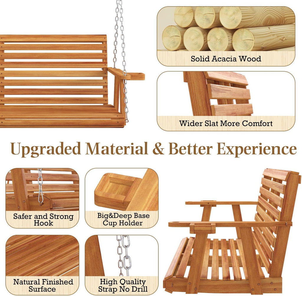 U-MAX 5.5FT Wooden Porch Swing, Patio Swing with Cup Holders & Chains, 880Lbs Weight Capacity Outdoor Swing Chair Bench for Courtyard & Garden